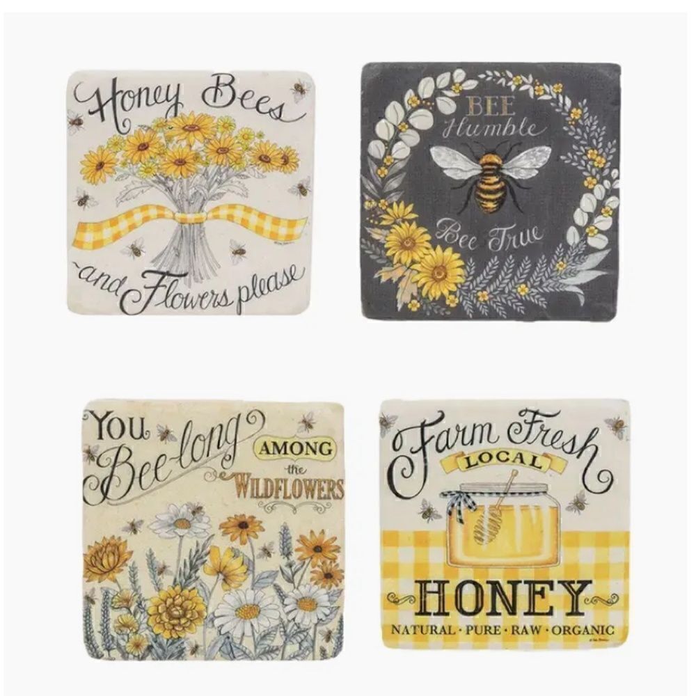 NEW! Honey Bee Resin Coaster Boxed Set Farmhouse Bumble bee Spring Flowers Honey